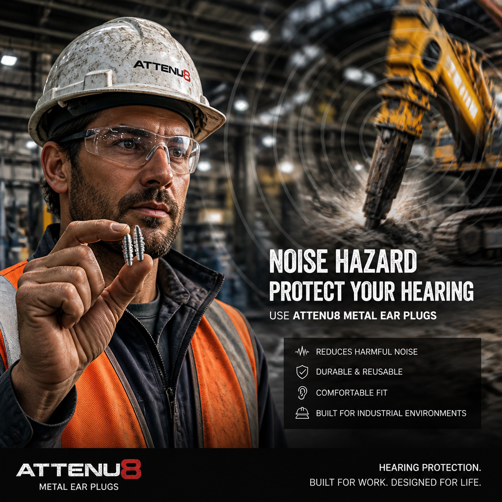 Construction worker holding ATTENU8 ear plugs on a loud industrial job site