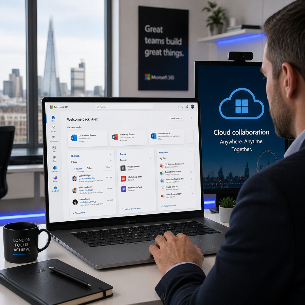 Office workspace showing Microsoft 365 cloud interface on computer screen