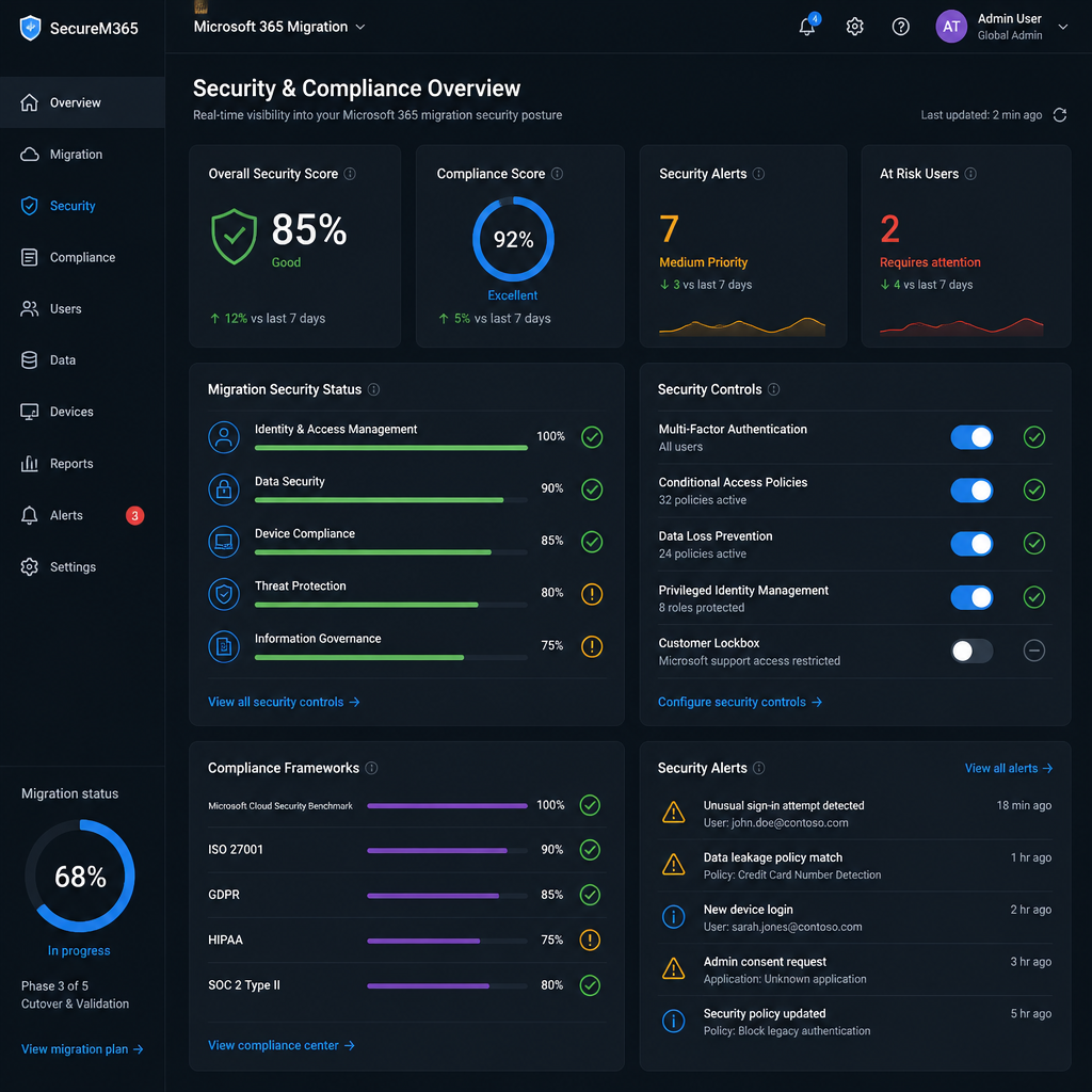 IT security dashboard displaying compliance and monitoring metrics for cloud migration
