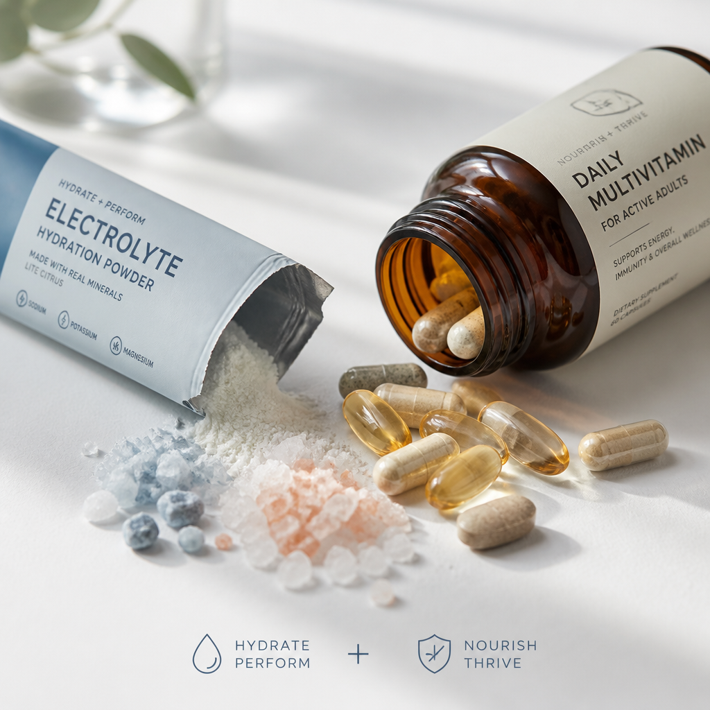 Electrolyte powder sachet and multivitamin bottle displayed together with scattered crystals and capsules