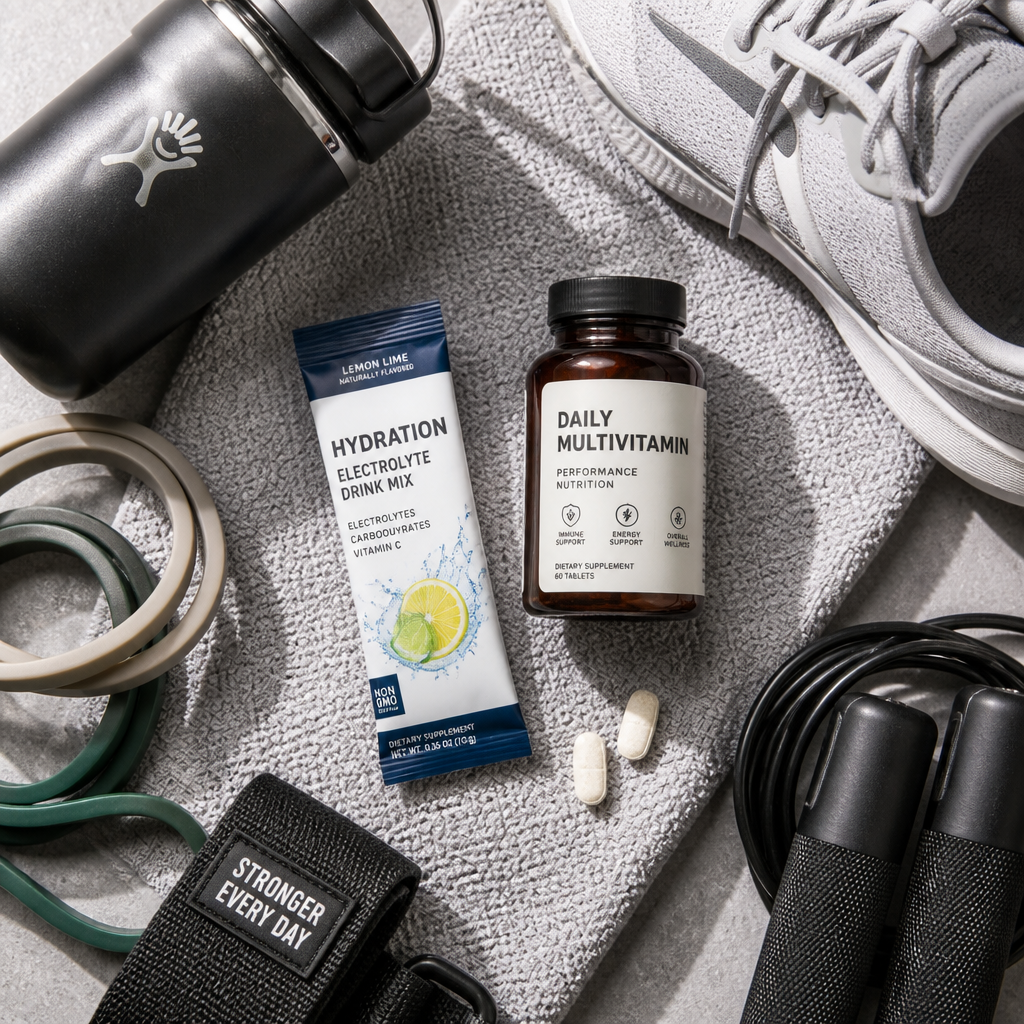 Athletic training gear and equipment arranged with electrolyte and multivitamin supplements on gym towel