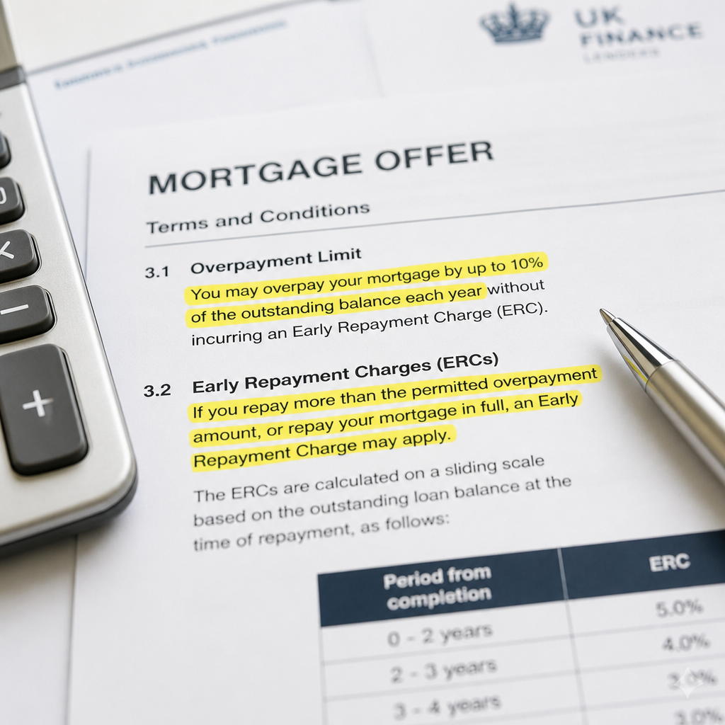 Mortgage document with overpayment terms and calculator