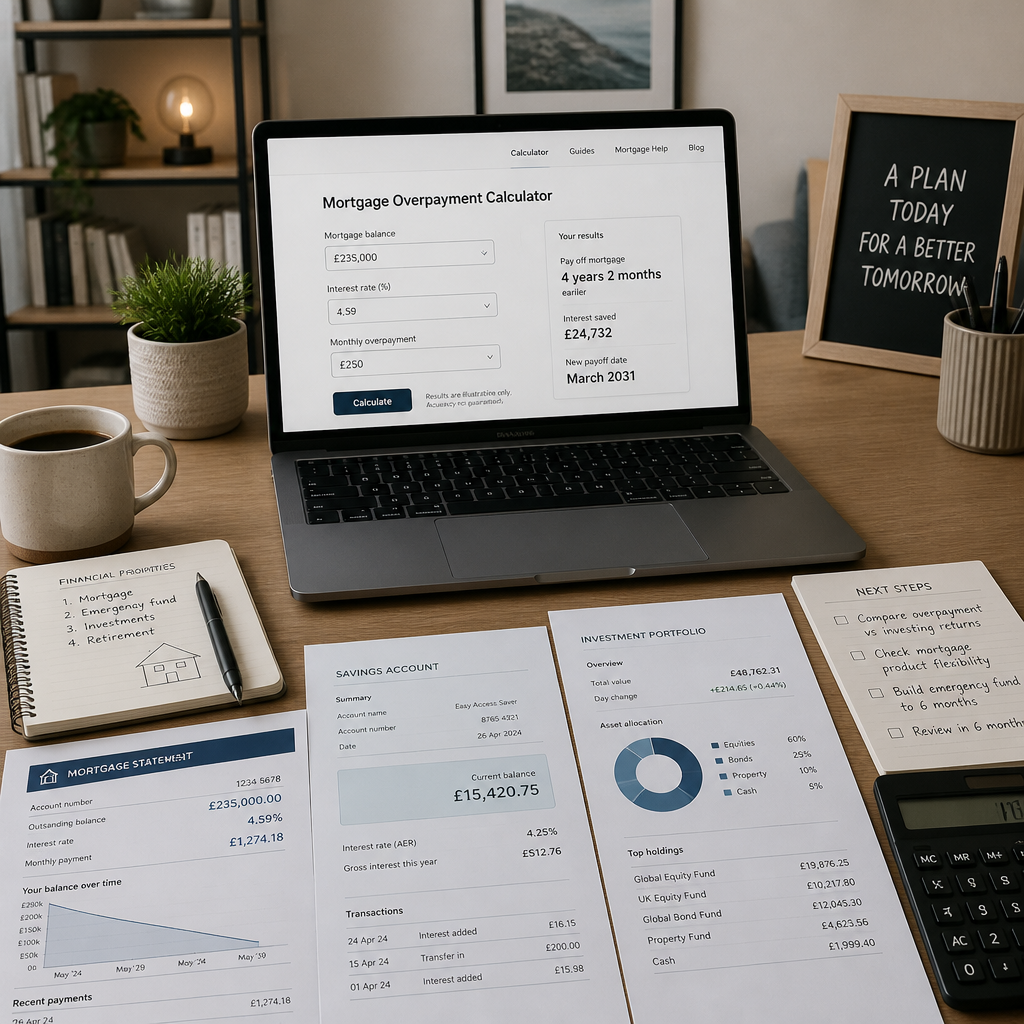 Desk workspace with mortgage and savings documents for financial planning
