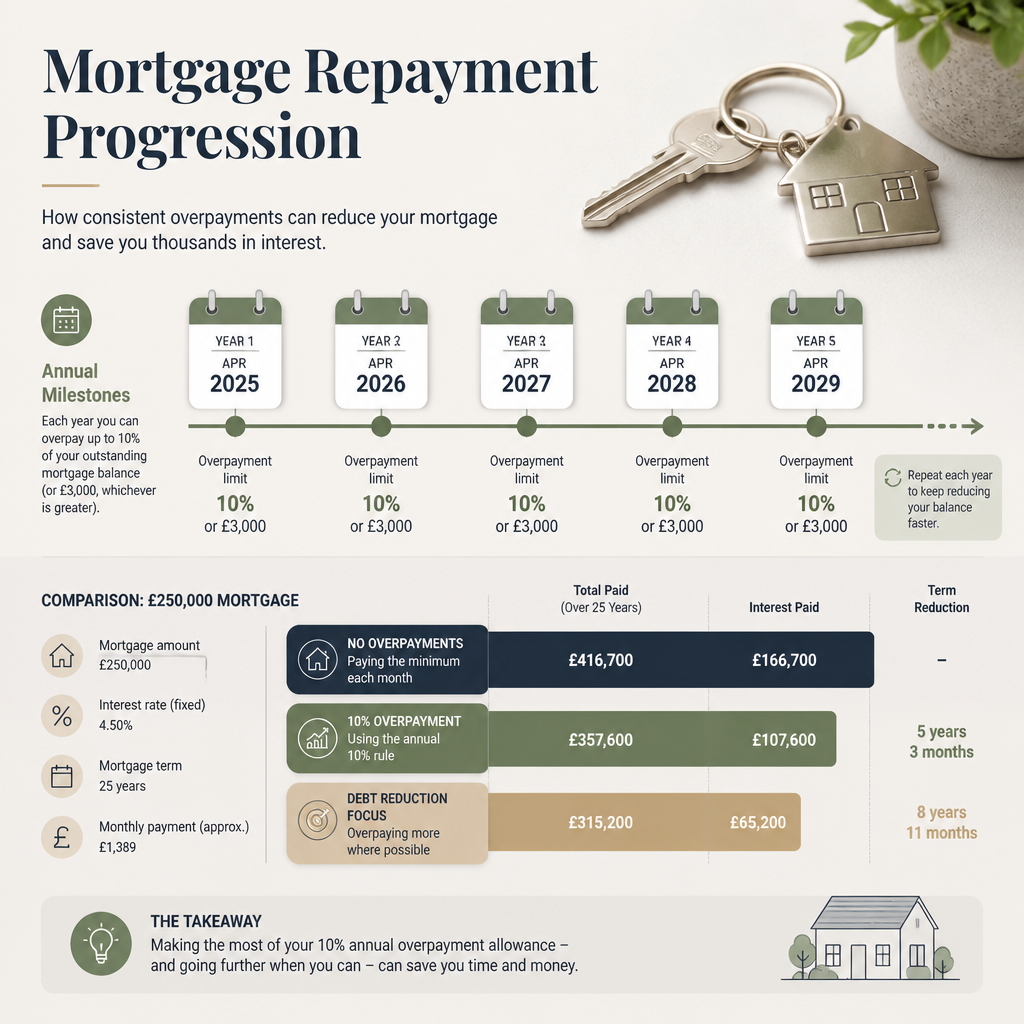 Timeline infographic of mortgage overpayment strategy and repayment milestones