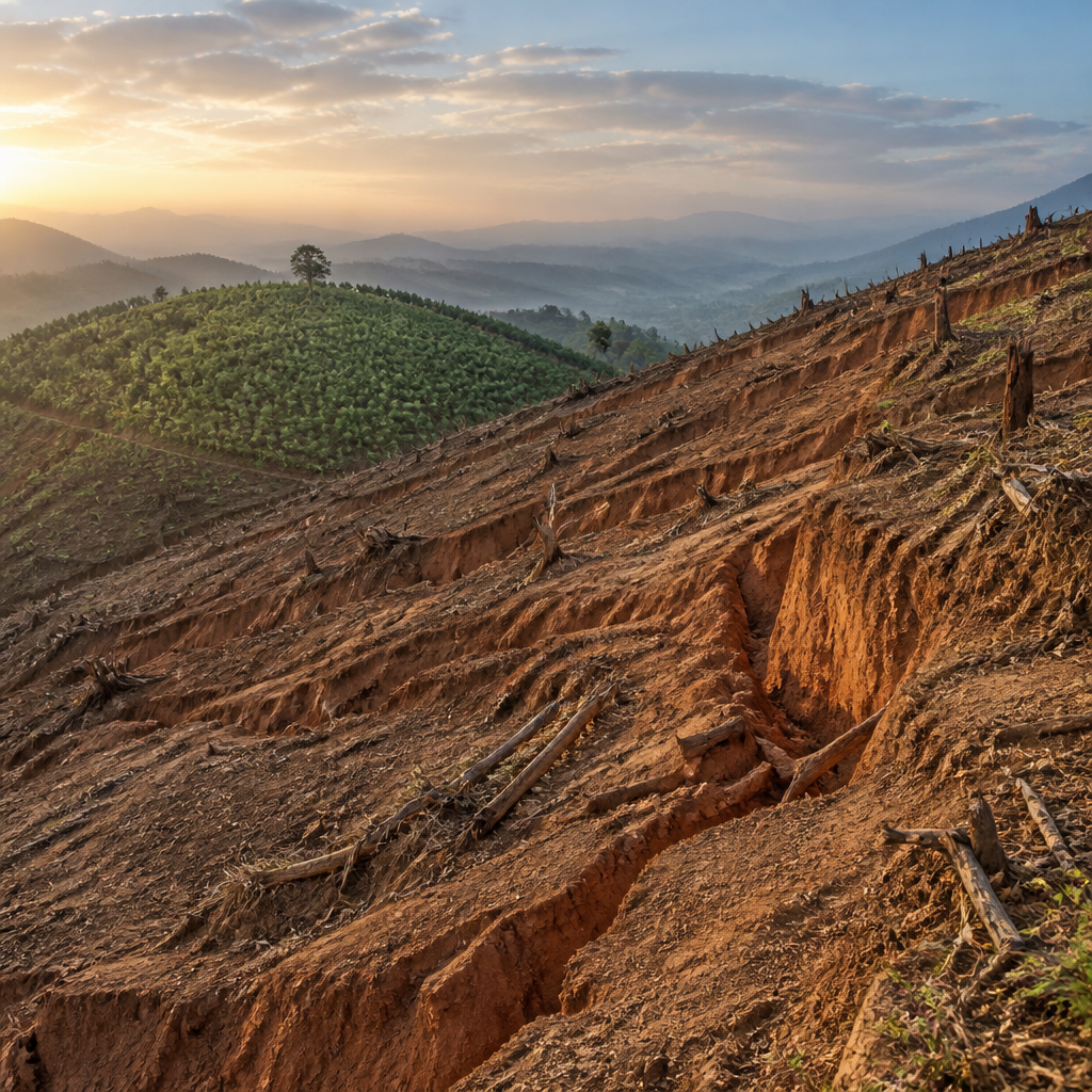 Deforested Haitian hillside with eroded soil and a small reforested patch in the distance