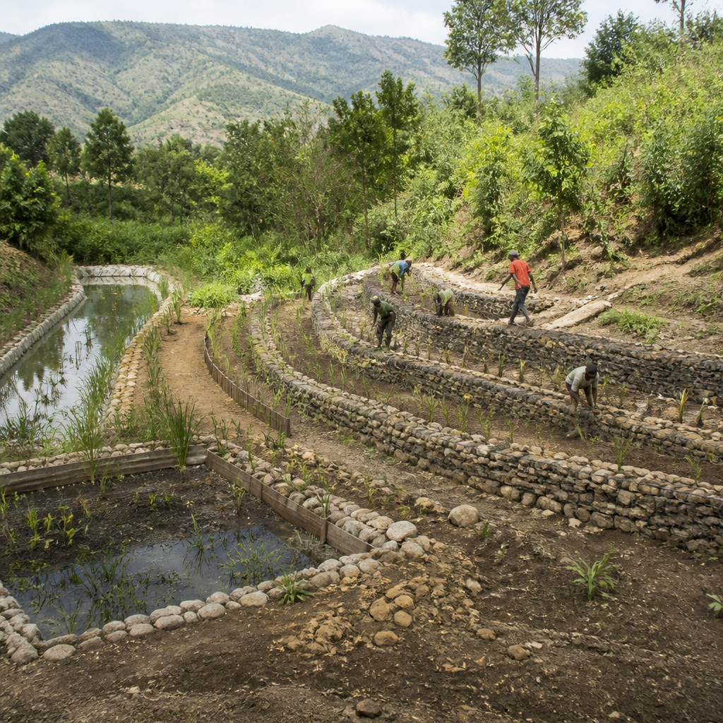 Community-built sustainable watershed infrastructure with erosion control and emerging vegetation in Haiti
