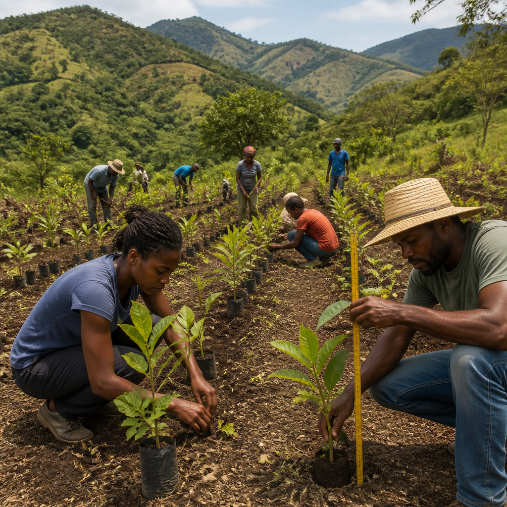 Community members nurturing native tree seedlings in a Haiti reforestation project
