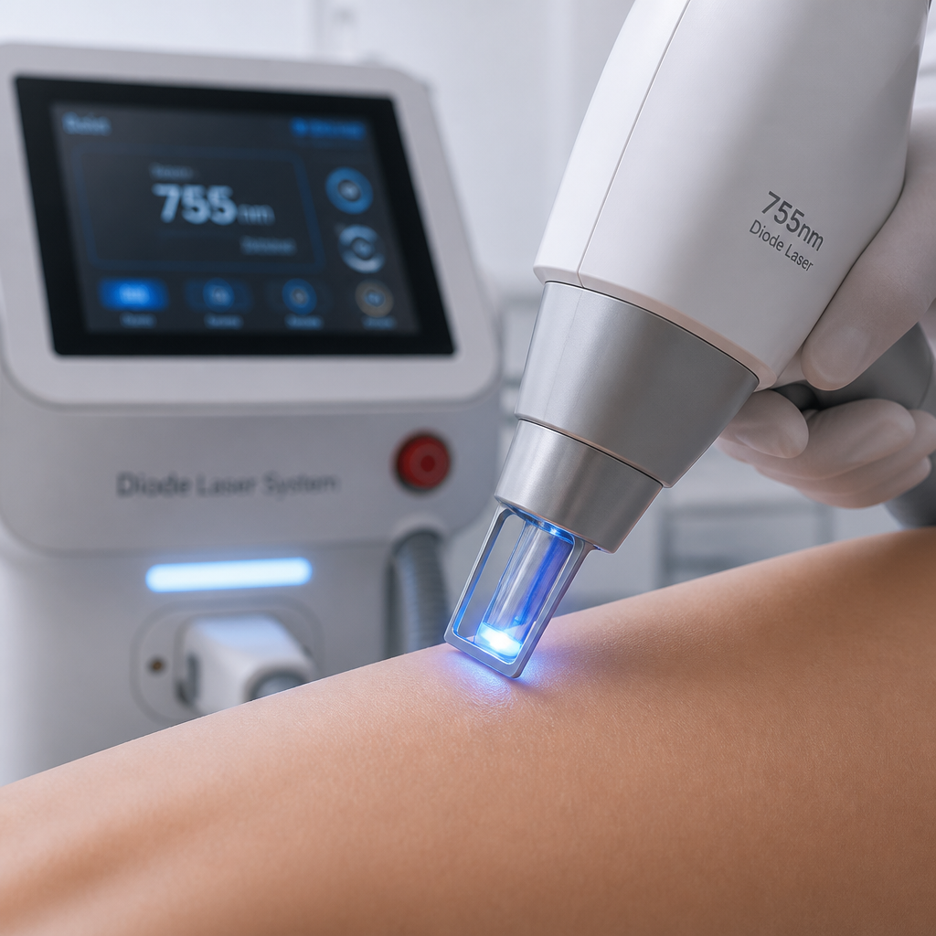 Close-up of a laser hair removal handpiece with glowing blue light tip during a professional treatment session