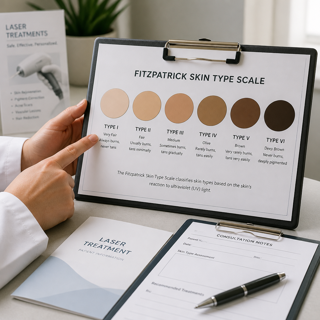 Fitzpatrick scale skin tone reference guide showing all six skin types for laser hair removal consultation