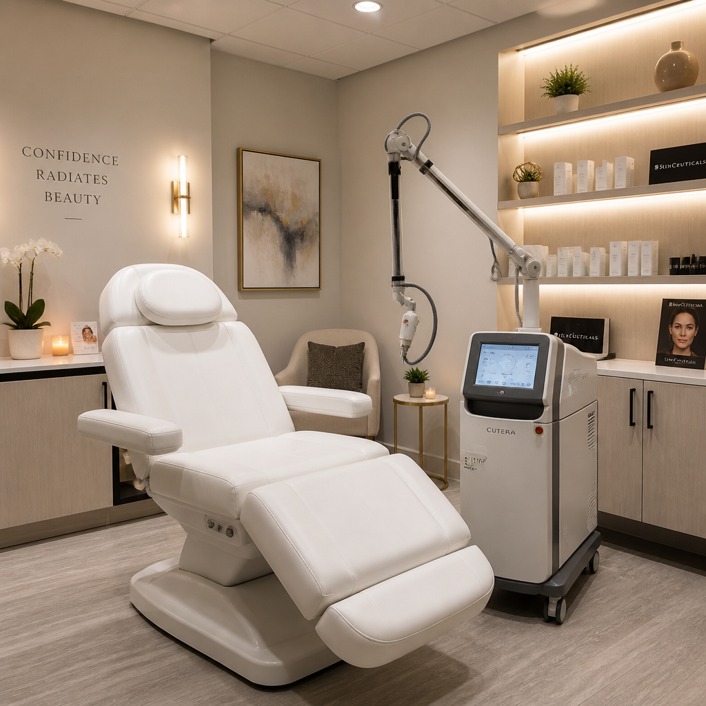 Modern laser hair removal clinic treatment room with state-of-the-art equipment and comfortable professional setting