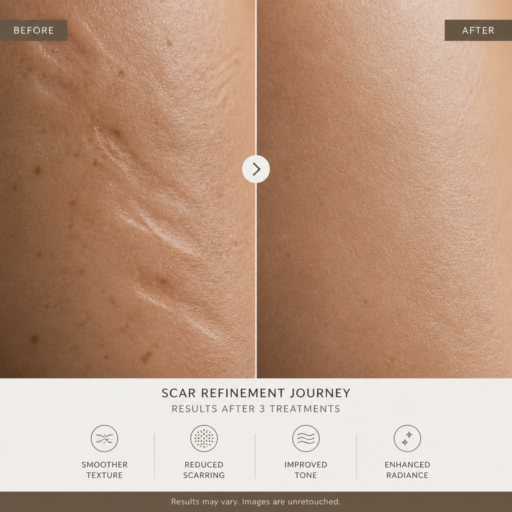 Before-and-after visualization of acne scar treatment results and skin texture improvement