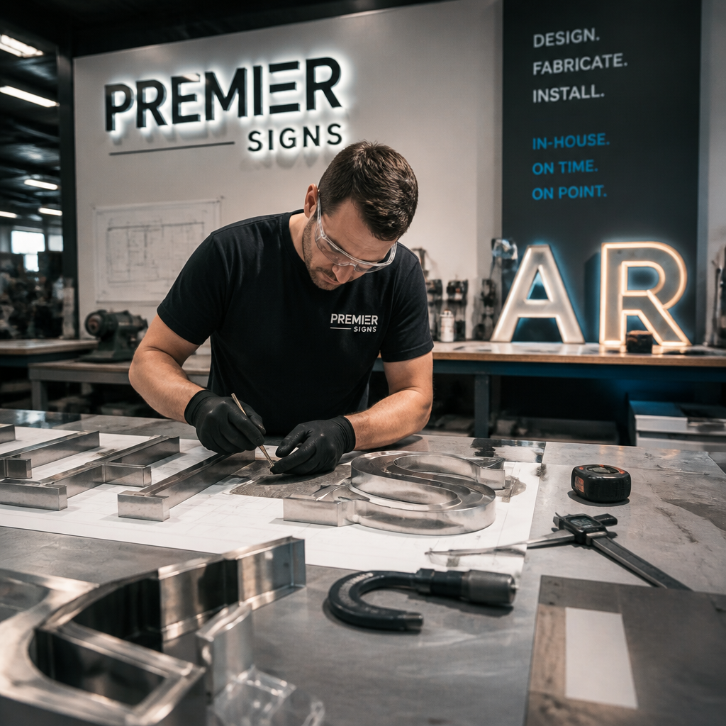 Technician fabricating custom channel lettering in professional signage workshop