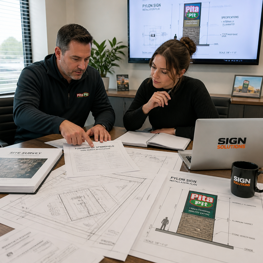 Franchise owner reviewing signage permits and site survey documents with designer