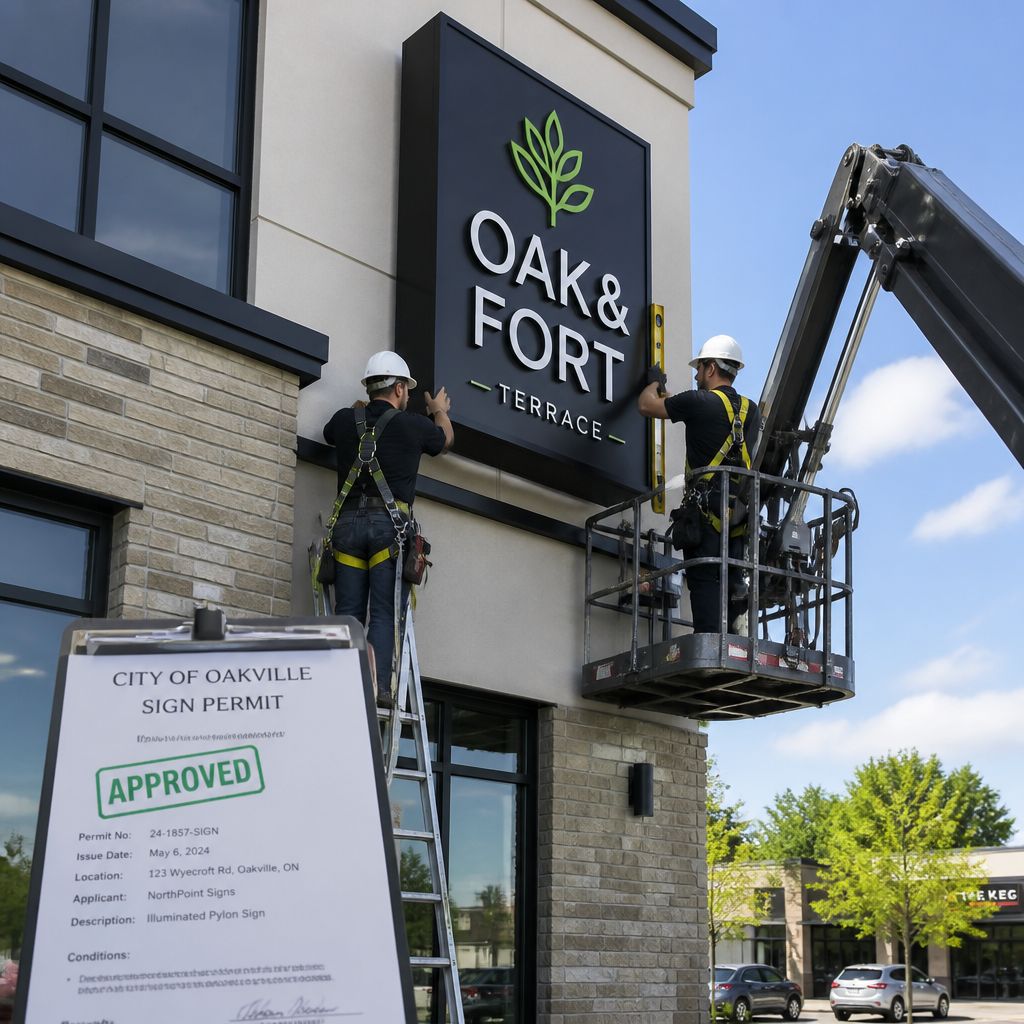 Professional installation team mounting custom pylon sign to commercial building