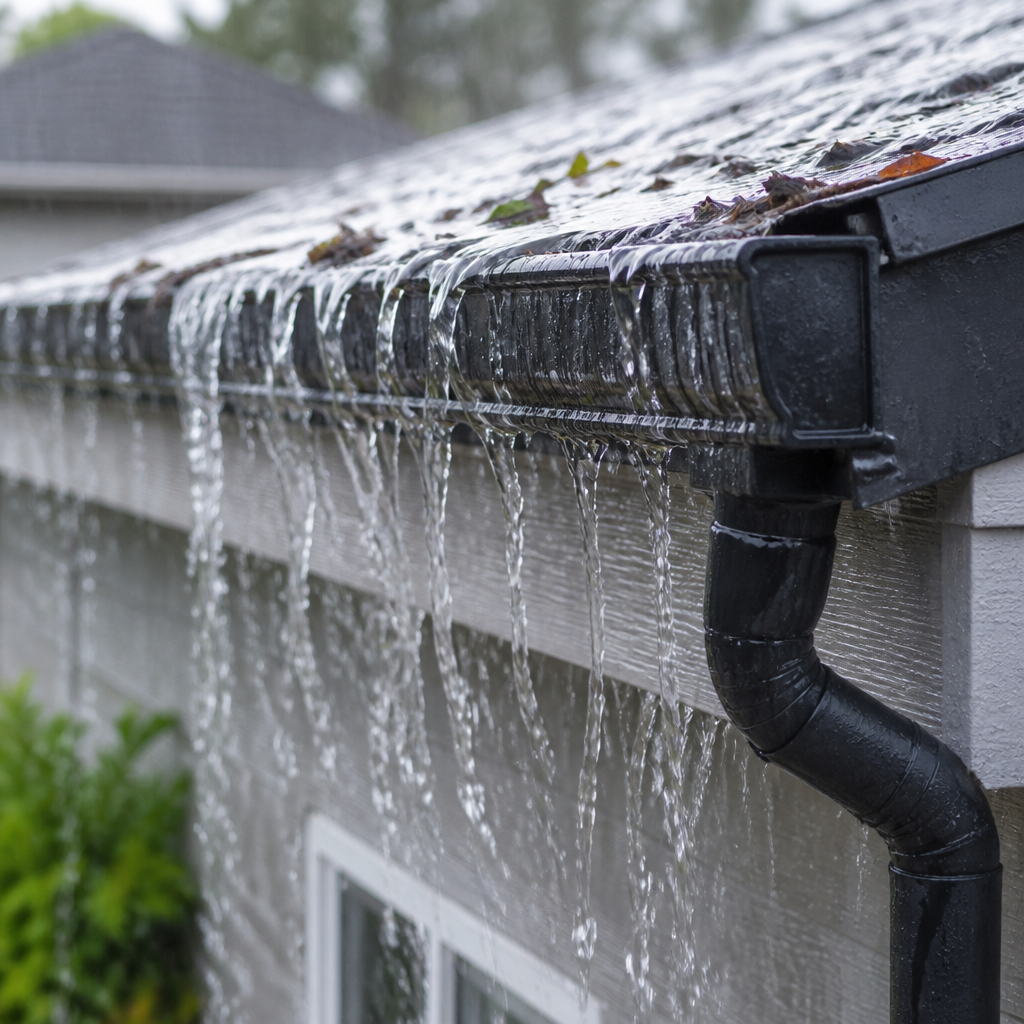 Water overflowing from a blocked residential gutter during rain, showing water sheeting down the fascia