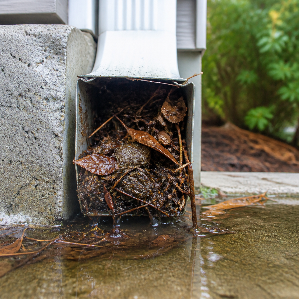 Close-up of a clogged downspout opening filled with leaves and debris blocking water flow