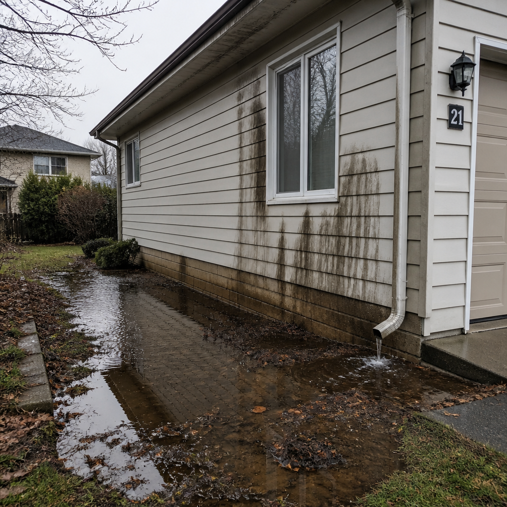 Residential home exterior showing water damage and staining from a blocked gutter system near the foundation