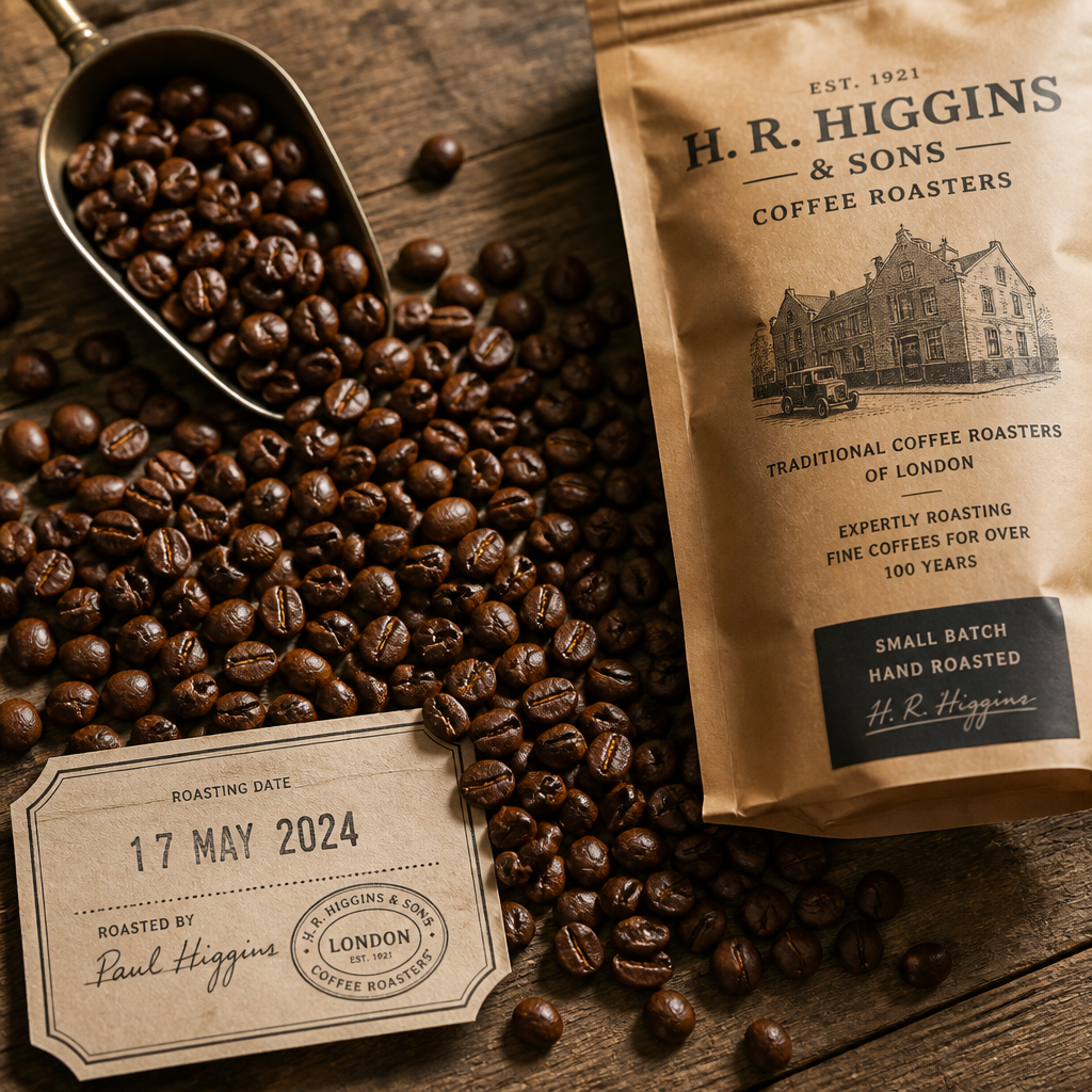 Freshly roasted specialty coffee beans on wooden surface with roasting date label from UK artisan roaster