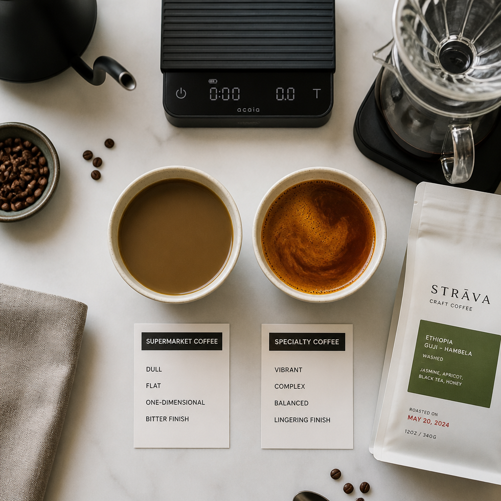 Side-by-side comparison of flat supermarket coffee versus vibrant specialty coffee in cups with brewing equipment