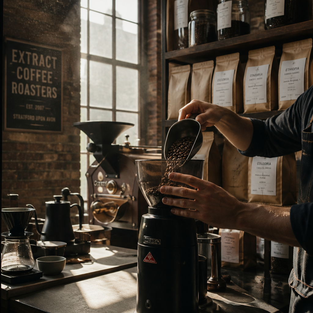 Heritage roastery workspace showing barista loading specialty beans with roasted coffee bags and brewing equipment