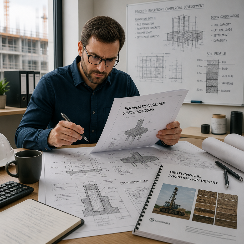 Ingénieur examinant les plans d'étude géotechnique et les spécifications de fondations sur un chantier de construction