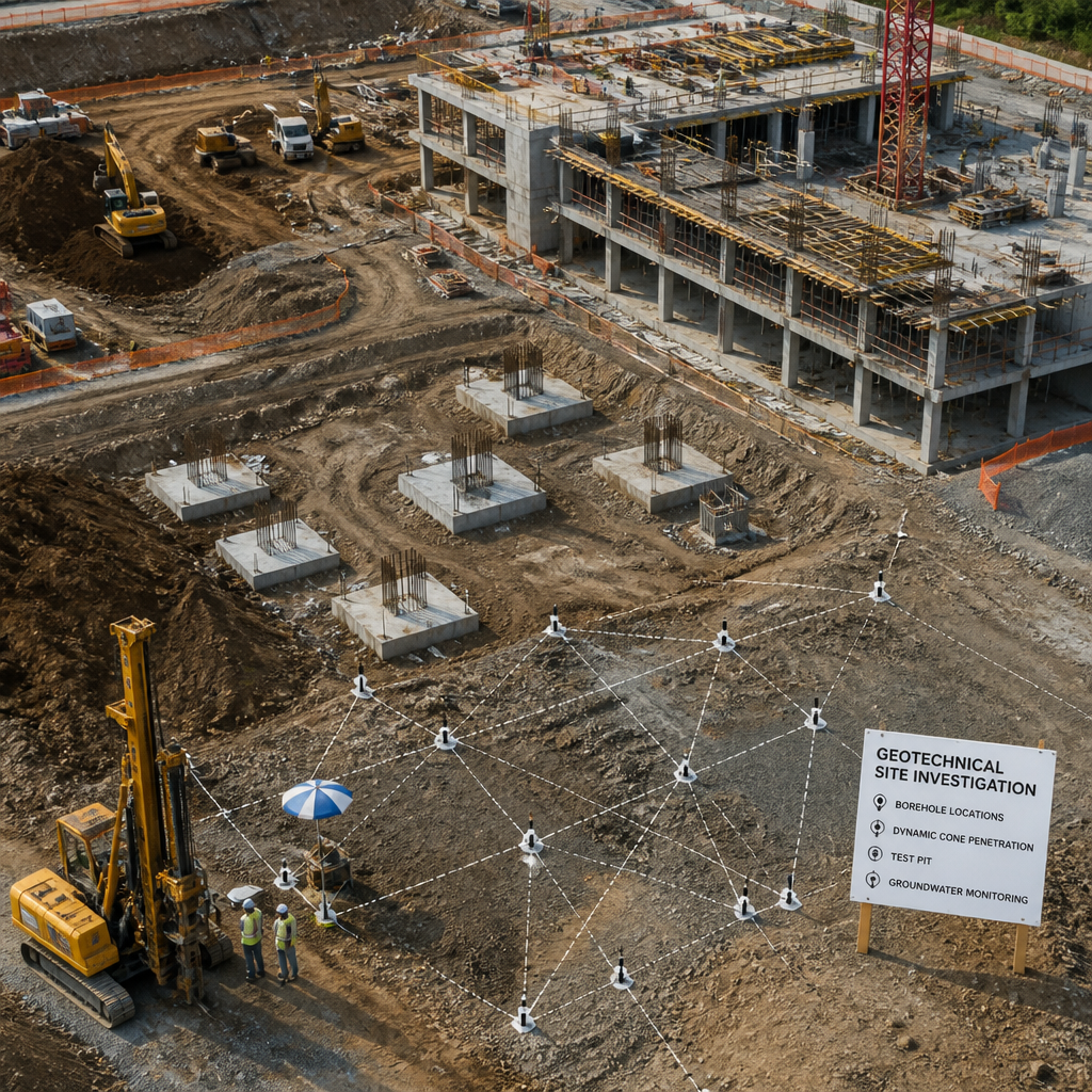 Vue aérienne d'un chantier de construction montrant l'application des fondations et des évaluations géotechniques