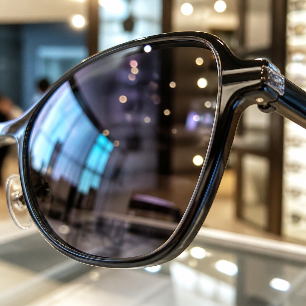 Close-up of an authentic designer sunglasses lens showing optical quality and UV protection coating details