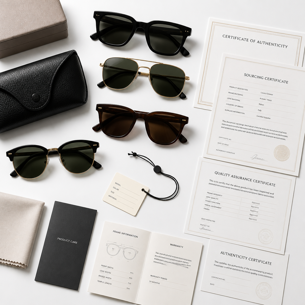 Premium designer sunglasses arranged with authenticity certificates and sourcing documentation