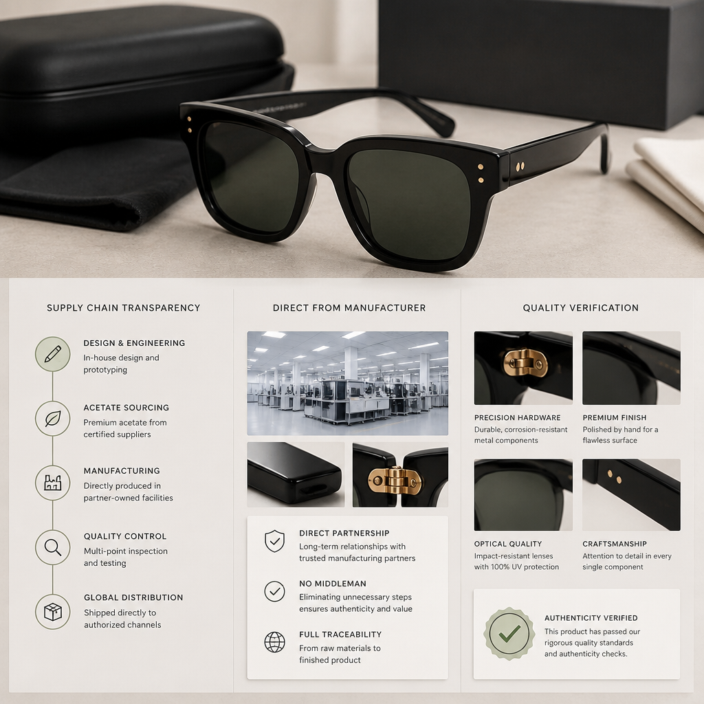 Authentic designer sunglasses with supply chain transparency documentation demonstrating direct brand sourcing