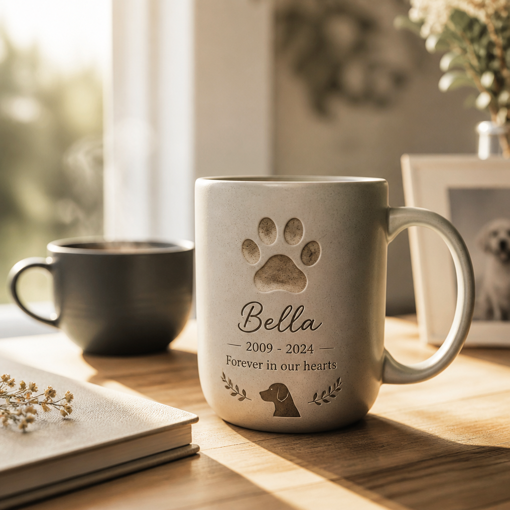 Personalized pet memorial mug with engraved paw print next to a coffee cup in morning light