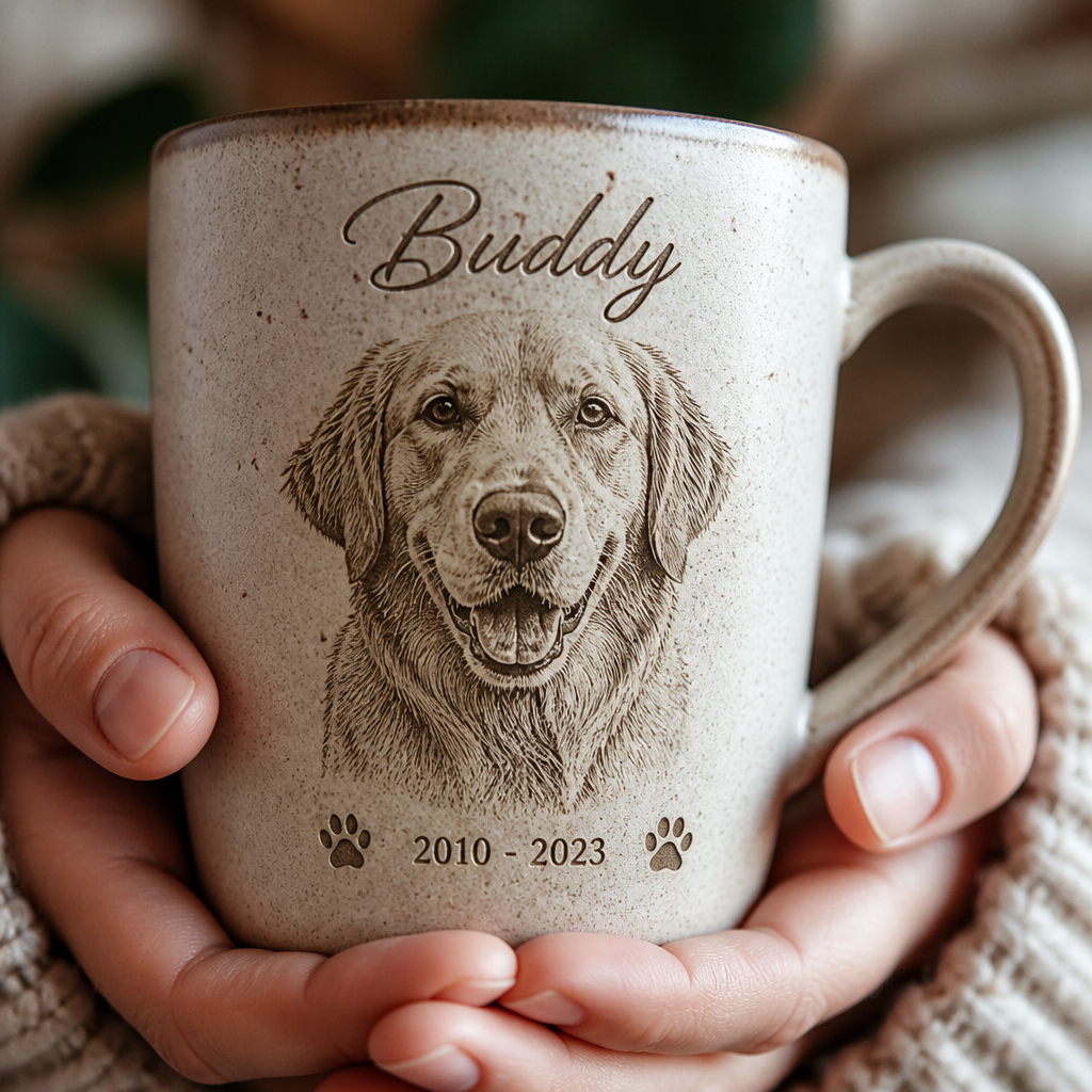 Hands holding a personalized pet memorial mug showing engraved pet portrait and name