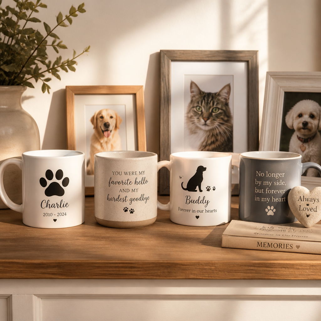 Display of personalized pet memorial mugs arranged with pet photos in a home tribute corner