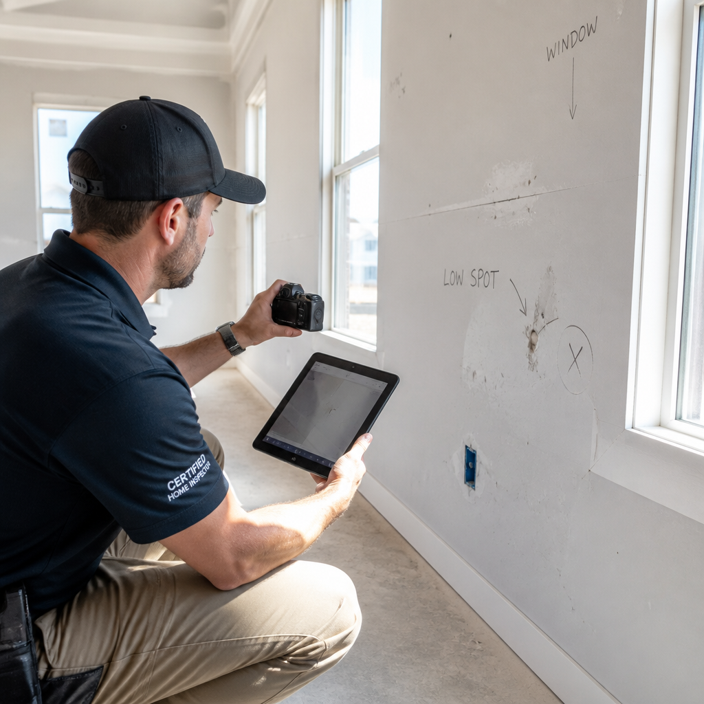 Home inspector documenting construction defects on interior wall with digital tablet during new home inspection