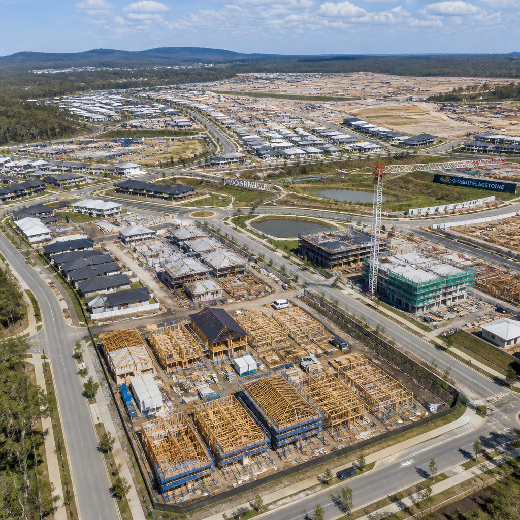 Aerial view of Logan Queensland showing multiple new home construction developments and building sites