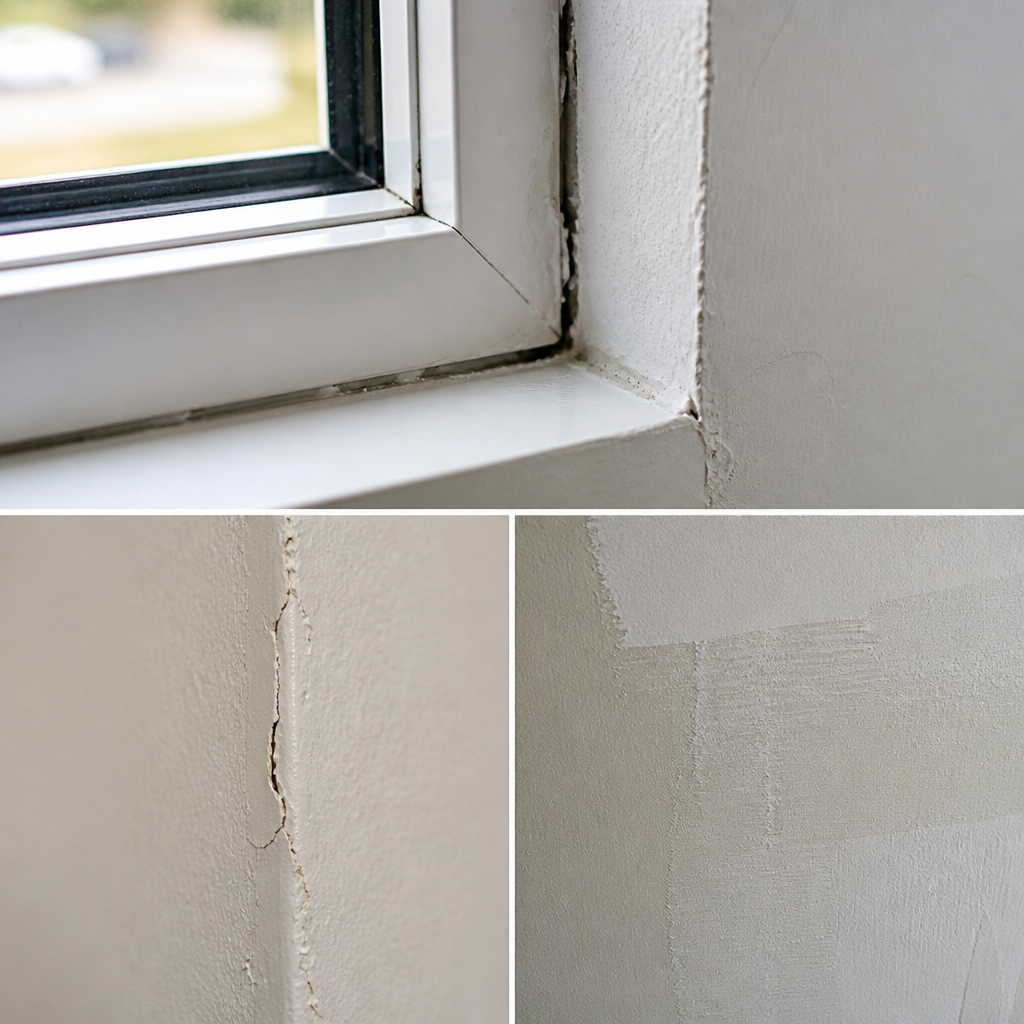 Close-up of typical new home construction defects including window sealing issues and plaster cracks