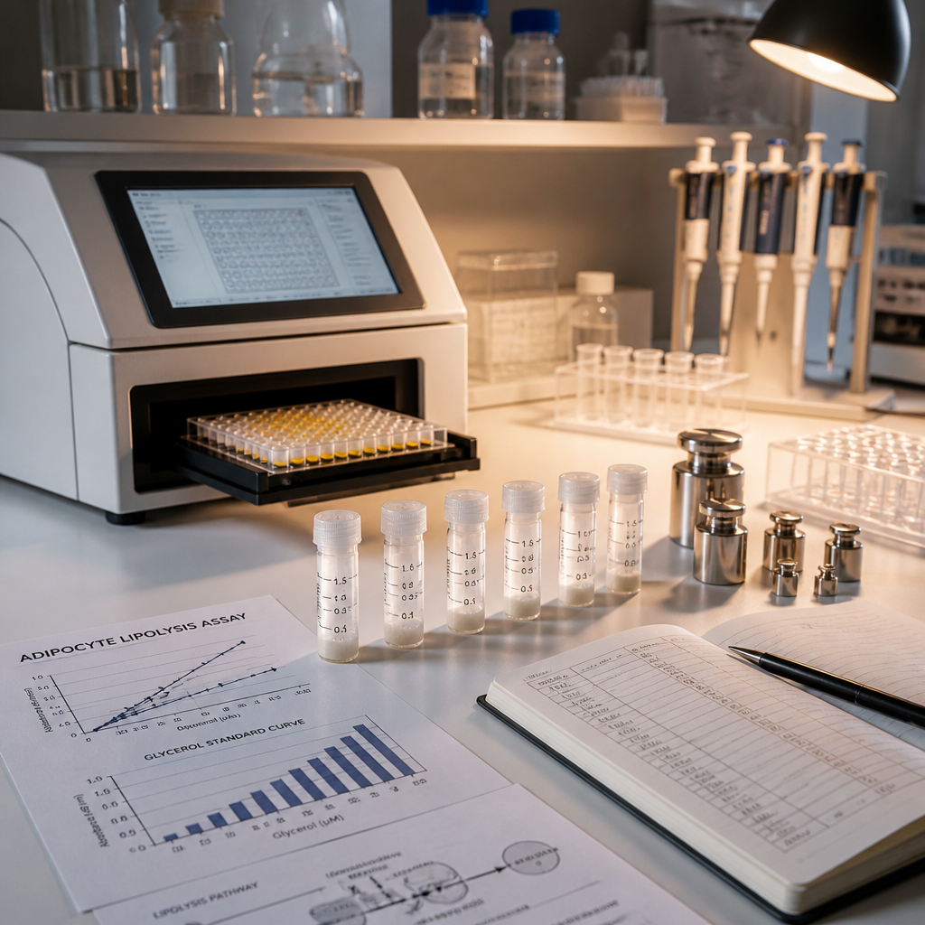 Research lab bench with analytical instruments and peptide compound vials for lipolysis studies