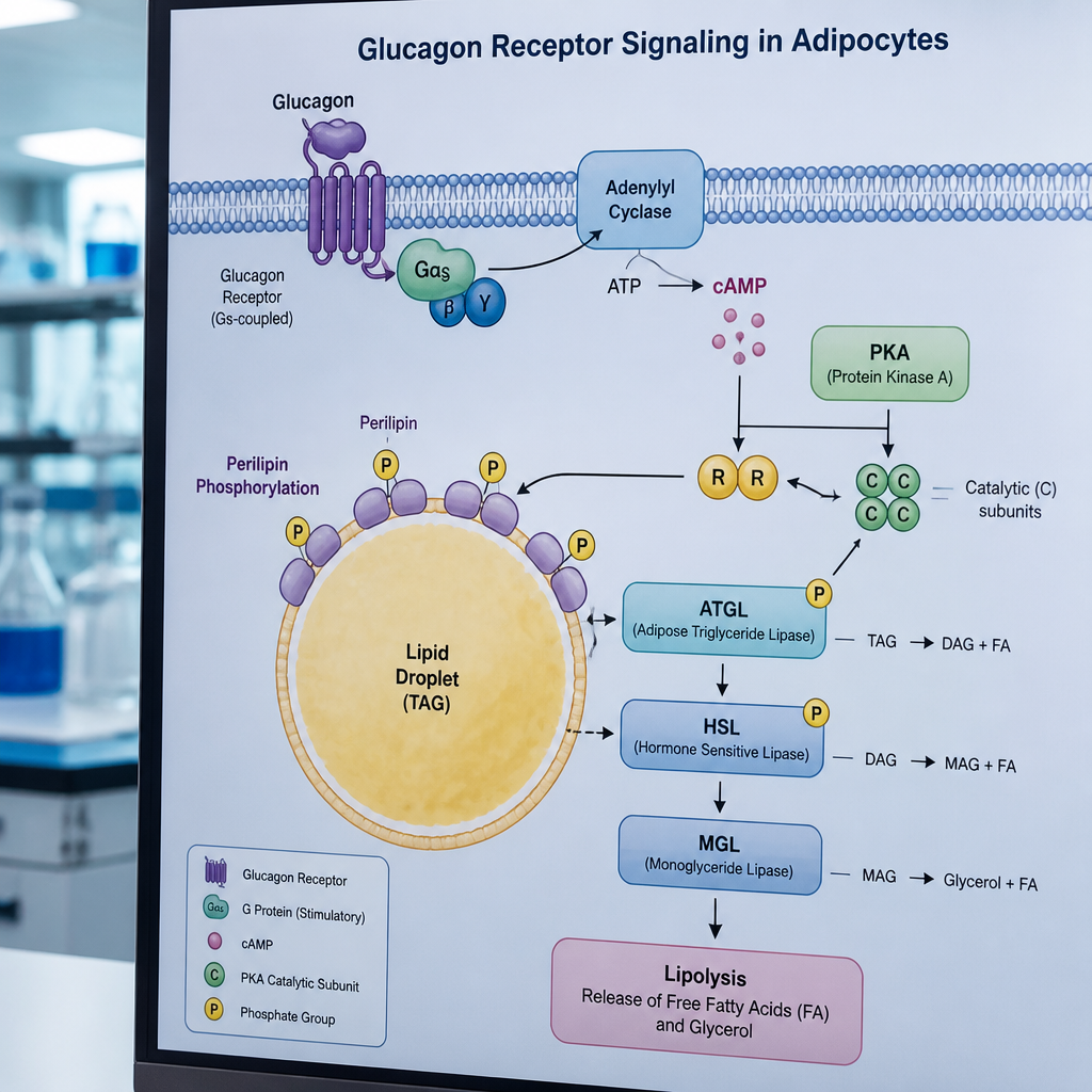 Glucagon pathway signaling cascade diagram for adipocyte lipolysis research