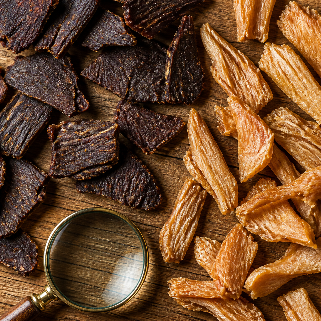 Close-up of air-dried meat treats with magnifying glass suggesting ingredient inspection and label checking