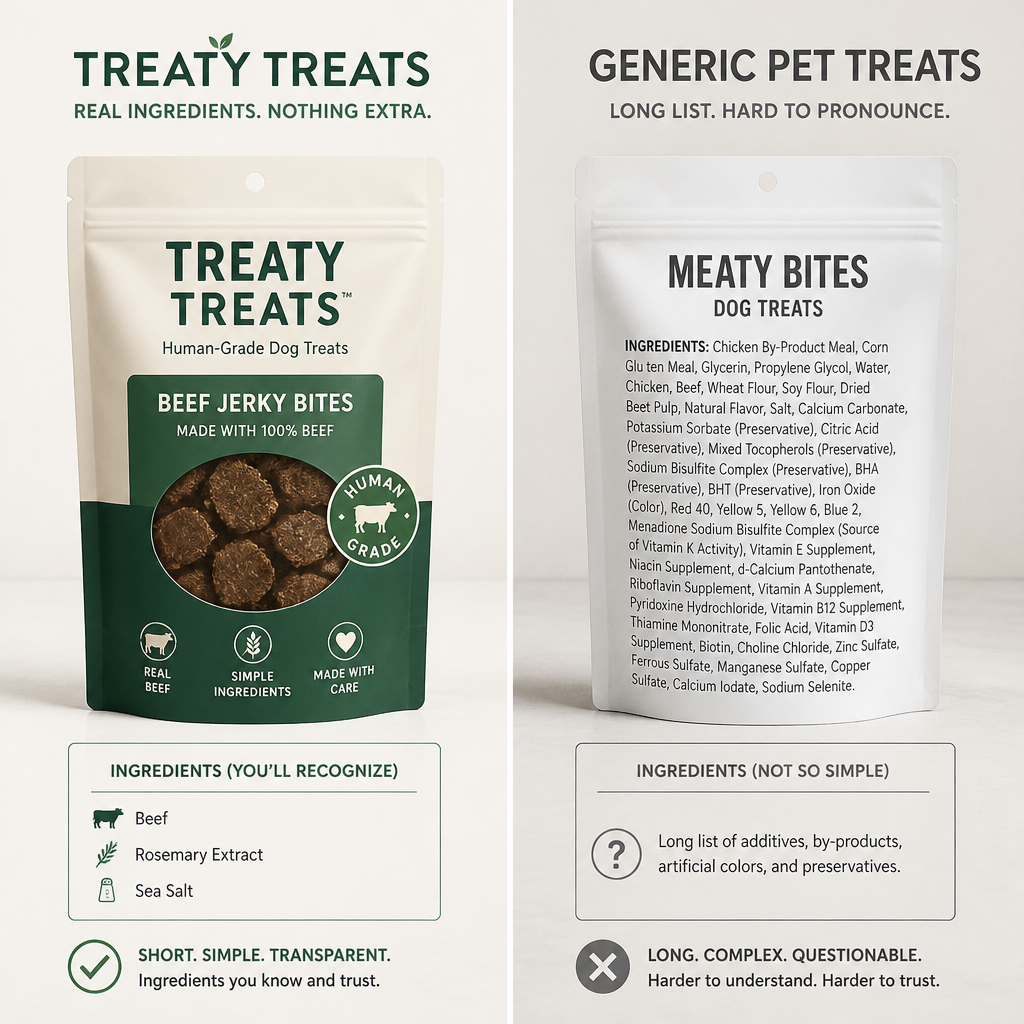 Comparison of Treaty Treats package versus conventional pet treats, contrasting simple versus complex ingredient lists