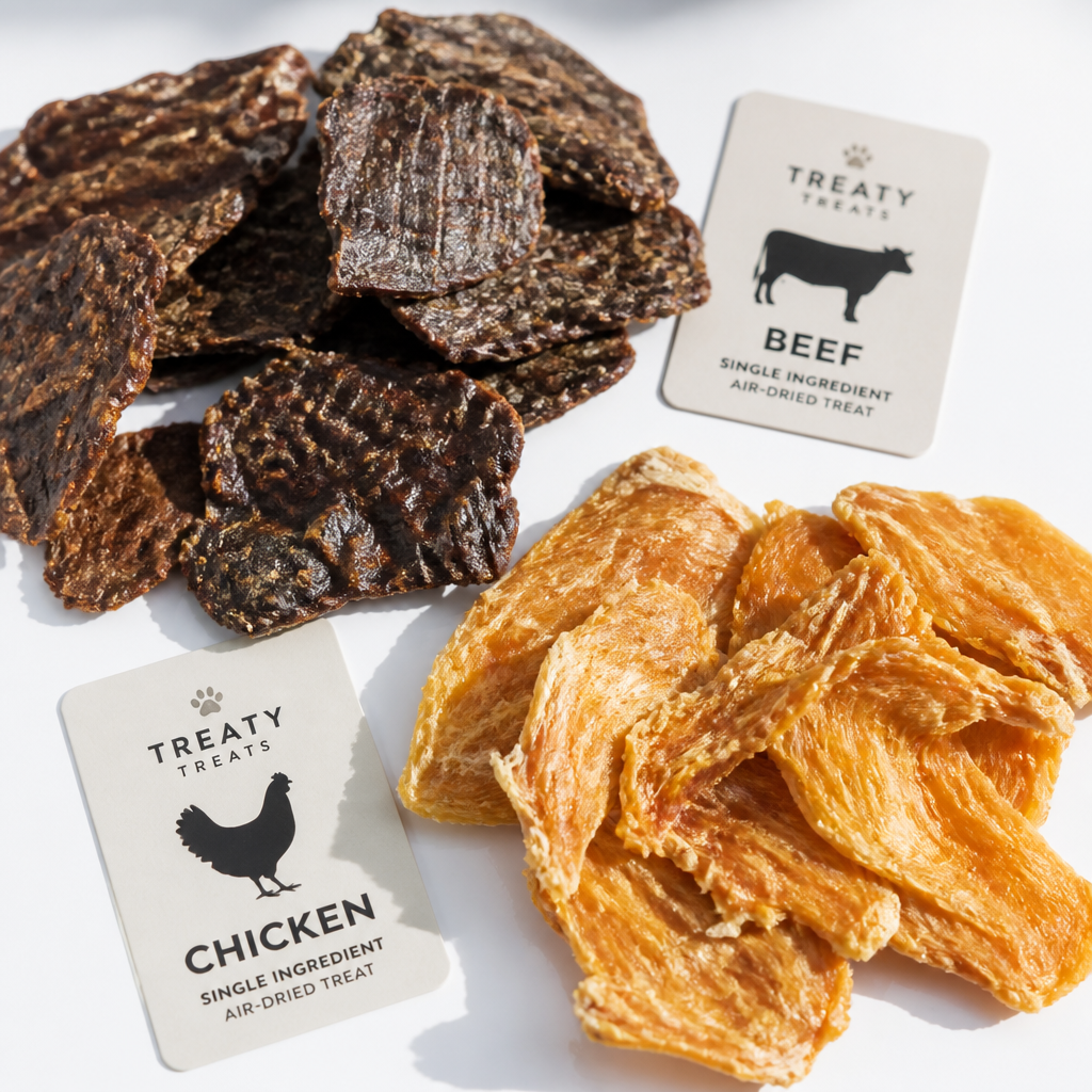 Close-up of air-dried beef and chicken pet treat chips with natural texture