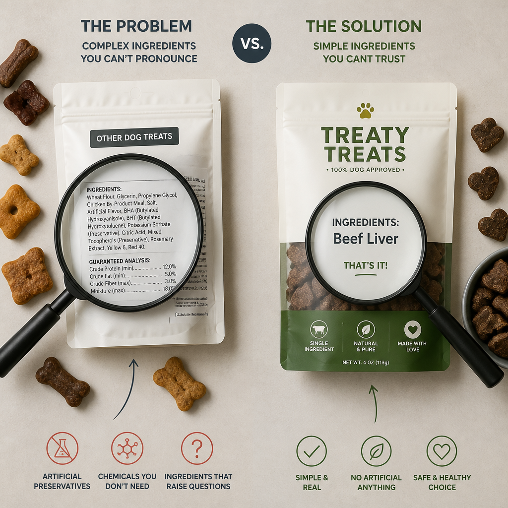 Comparison of complex ingredient labels versus simple single-ingredient pet treat labeling