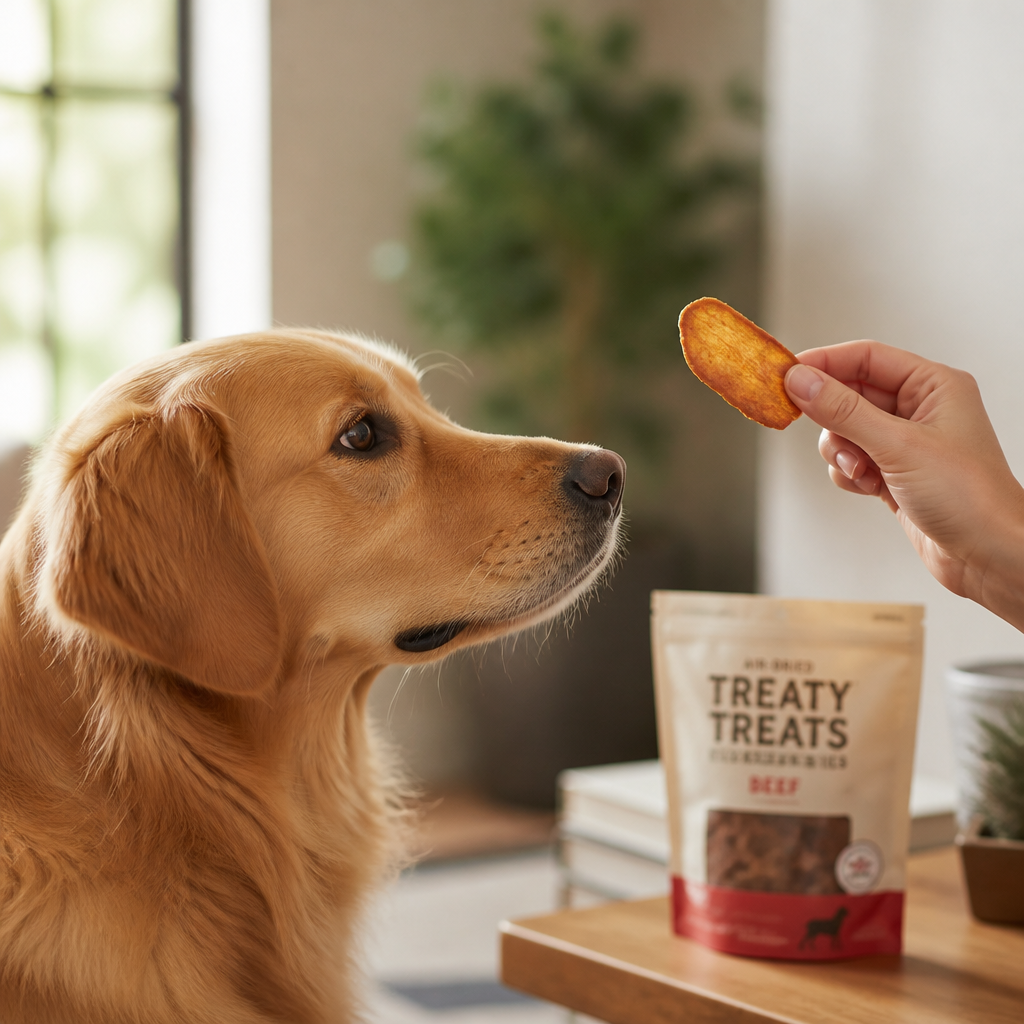 Dog showing interest in a single air-dried meat treat chip