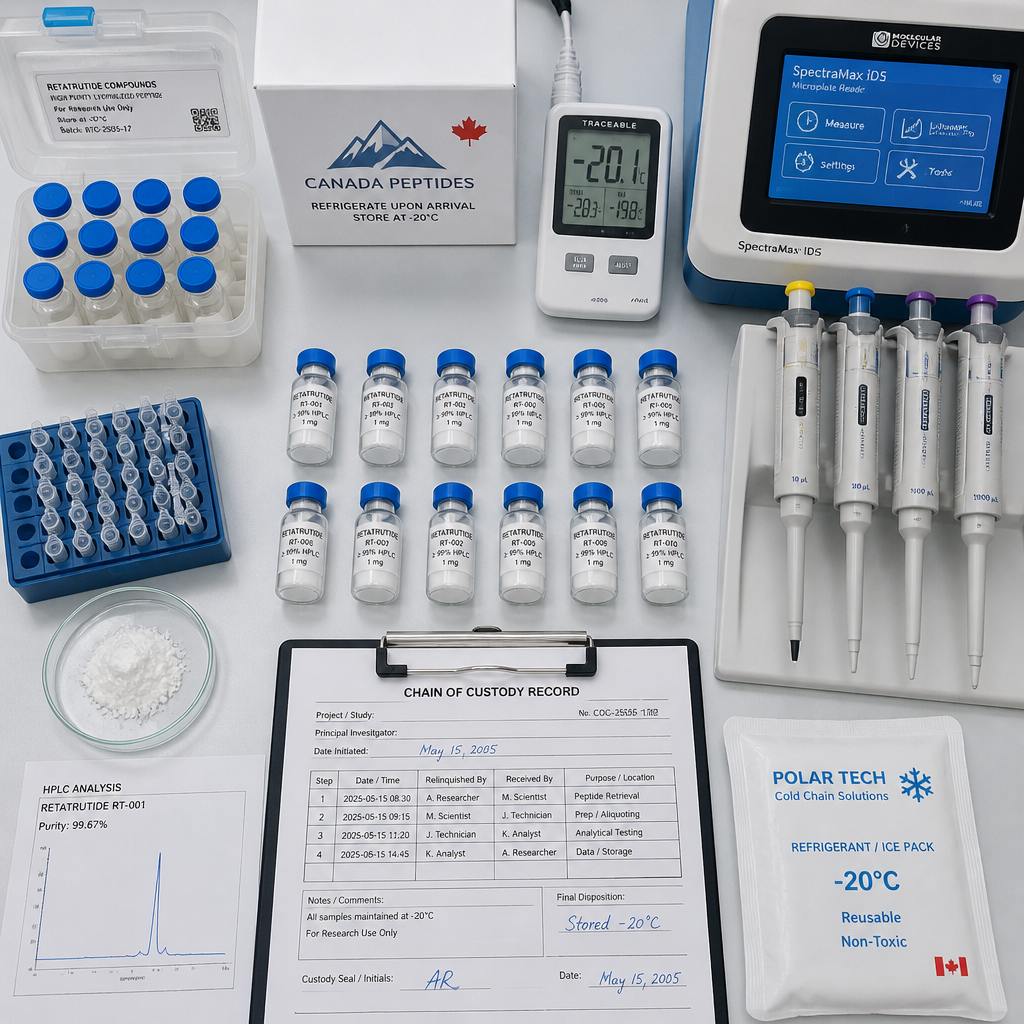 Research-grade retatrutide peptide vials and in vitro assay equipment on laboratory bench