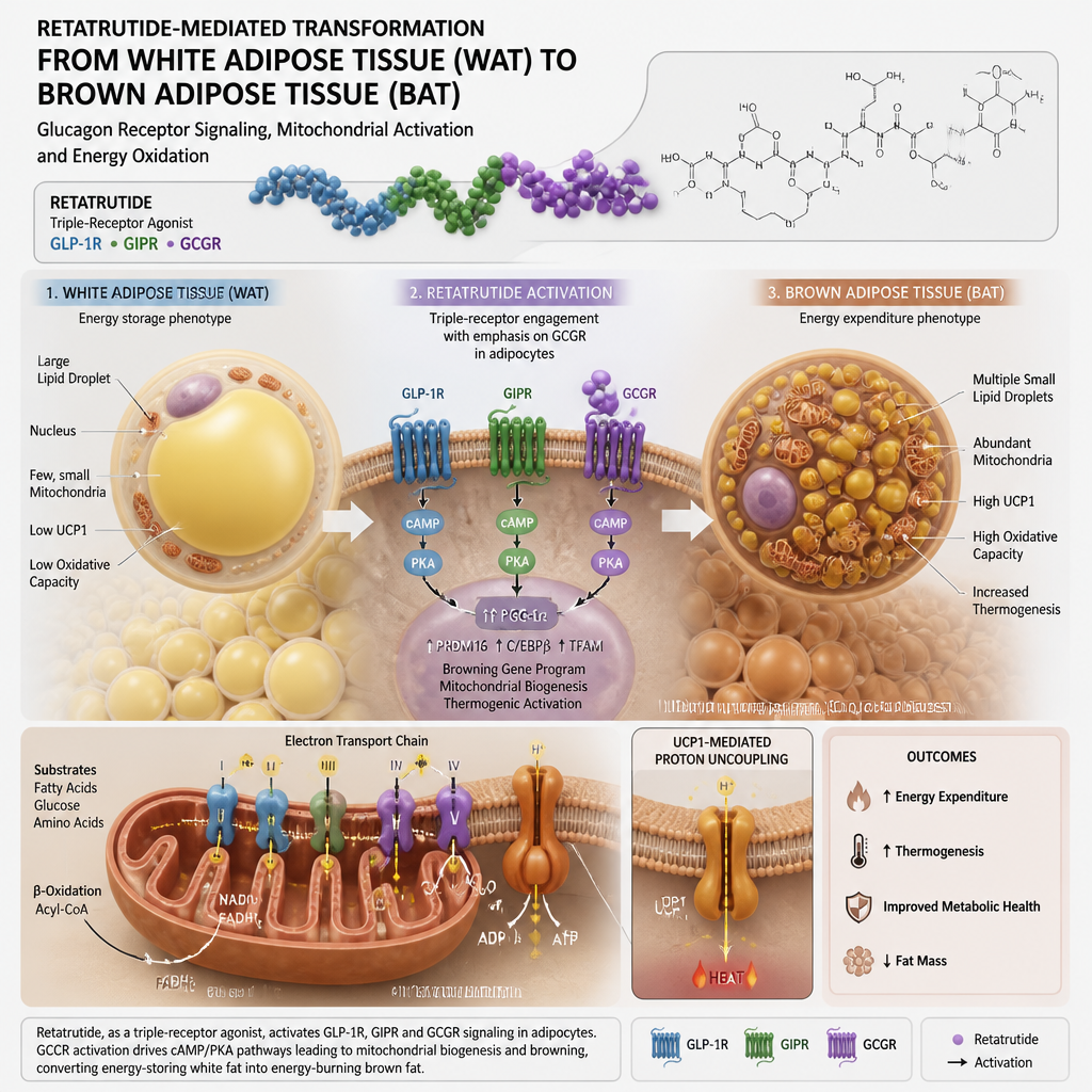 Cellular illustration of WAT-to-BAT conversion mechanism with glucagon receptor signaling and retatrutide compound interaction