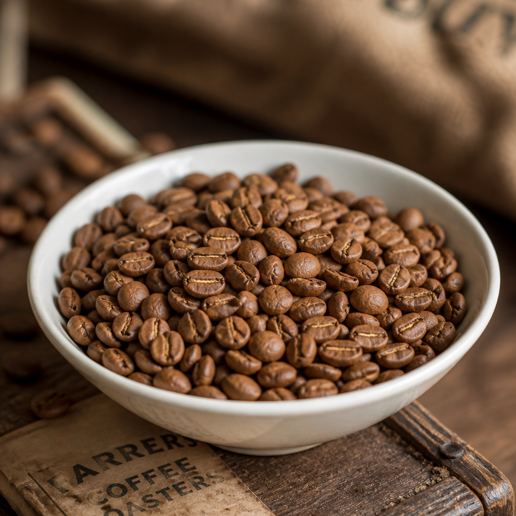 Freshly roasted light roast coffee beans in ceramic bowl with natural lighting