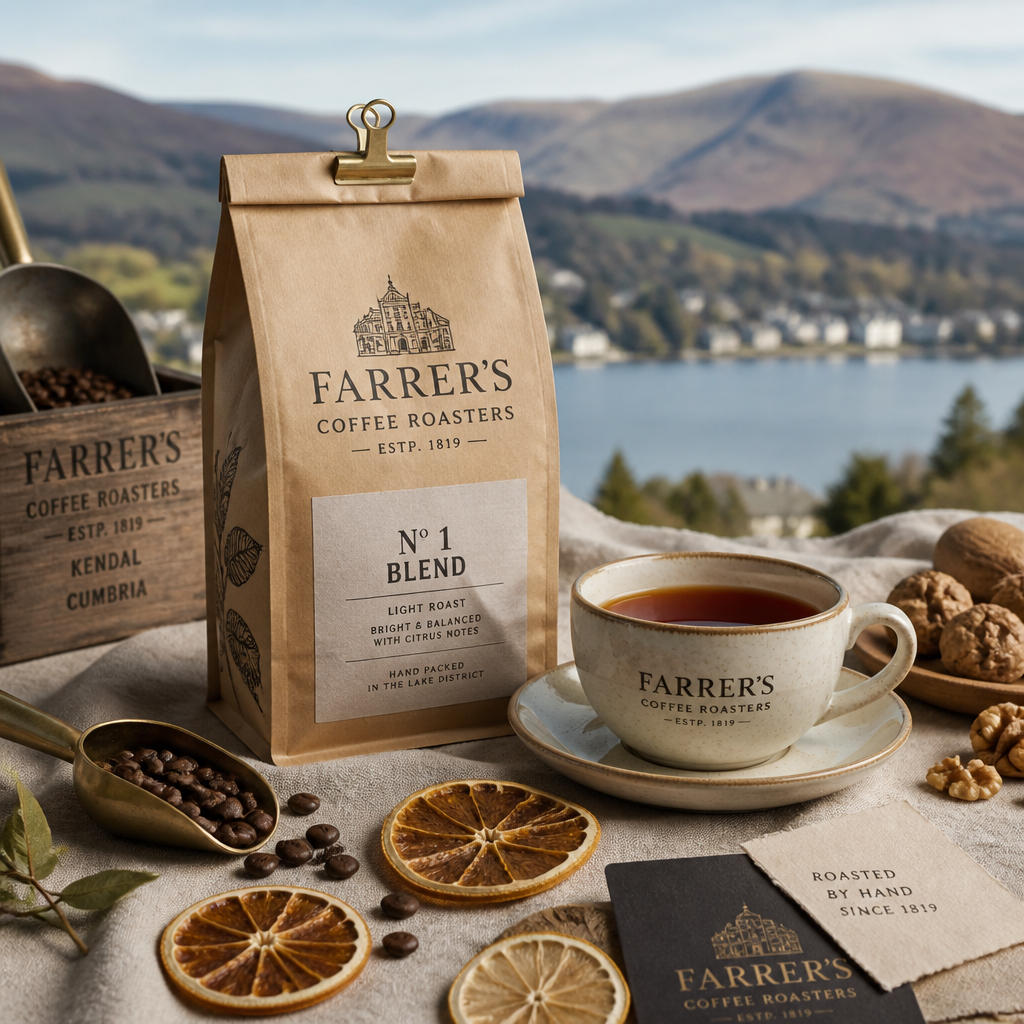 Coffee brewing setup with No 1 Blend bag, cup, and flavor elements on linen