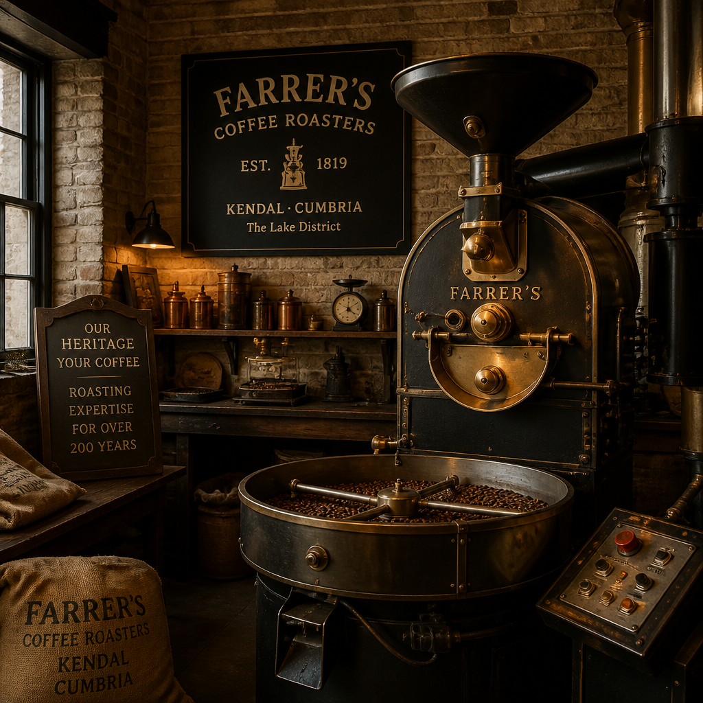 Farrer's historic roastery in Kendal with traditional roasting equipment and vintage interior