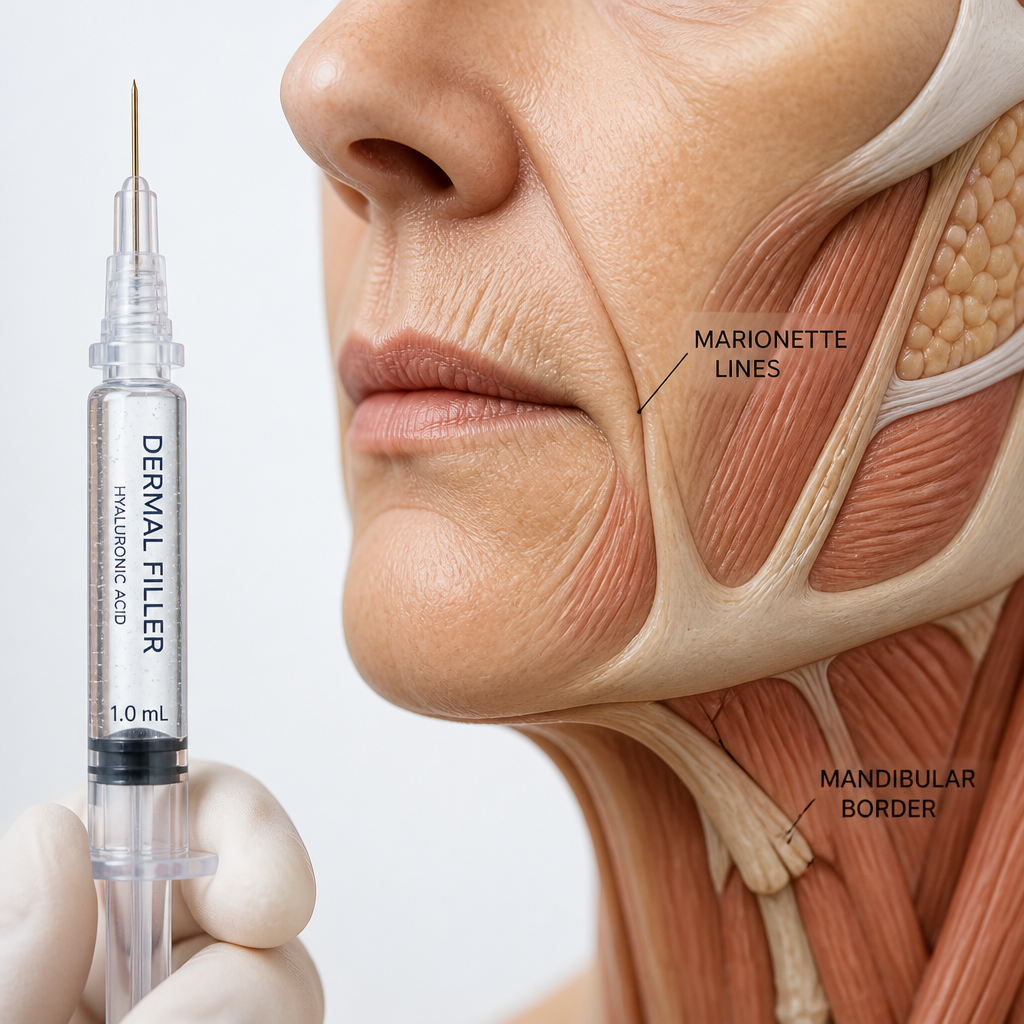 Dermal filler syringe next to anatomical illustration of lower face showing marionette lines