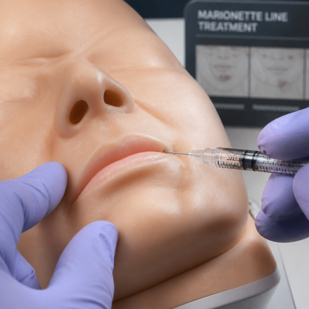 Injector demonstrating precise filler injection technique on facial training model