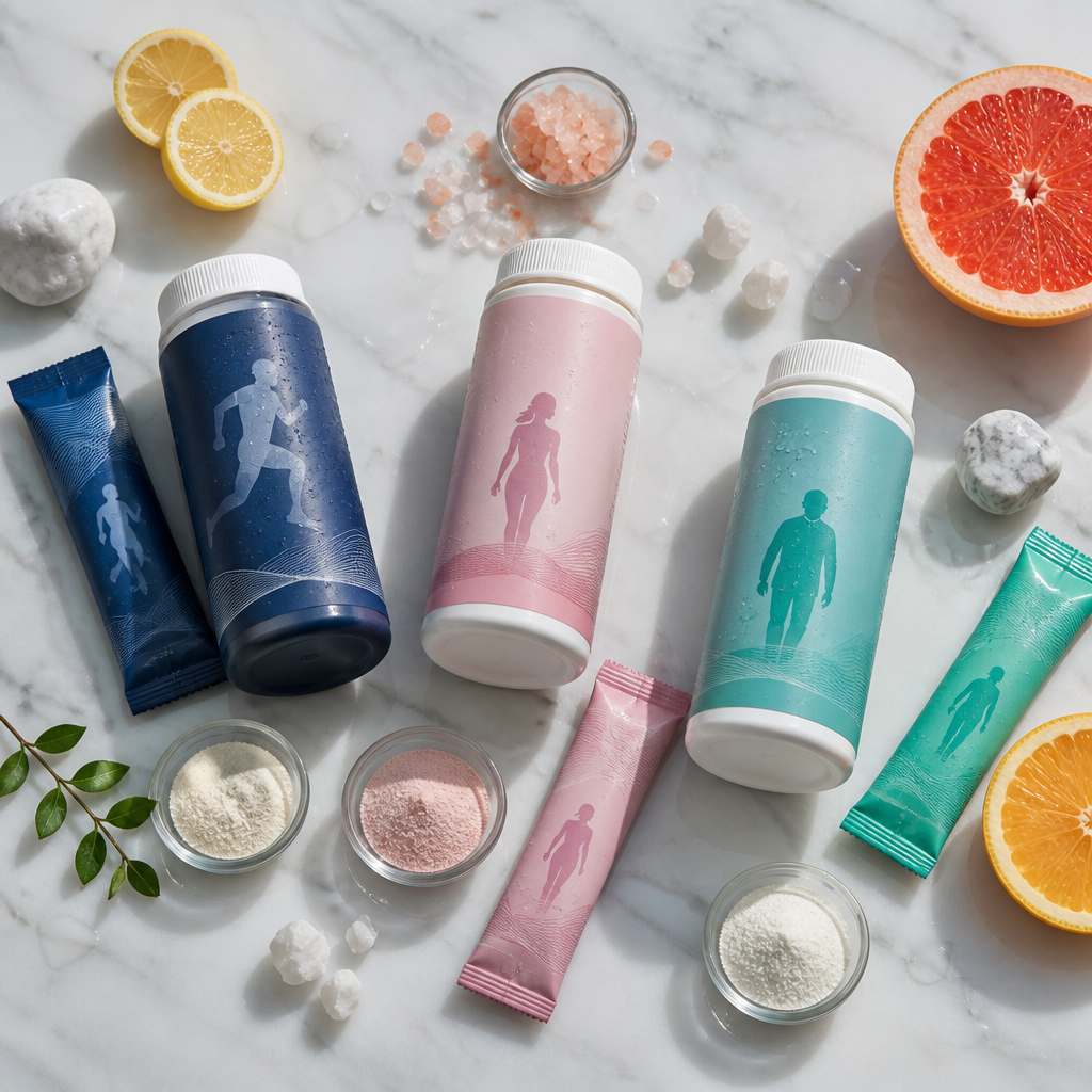 Specialized electrolyte hydration supplement products arranged in a flat lay with citrus and minerals
